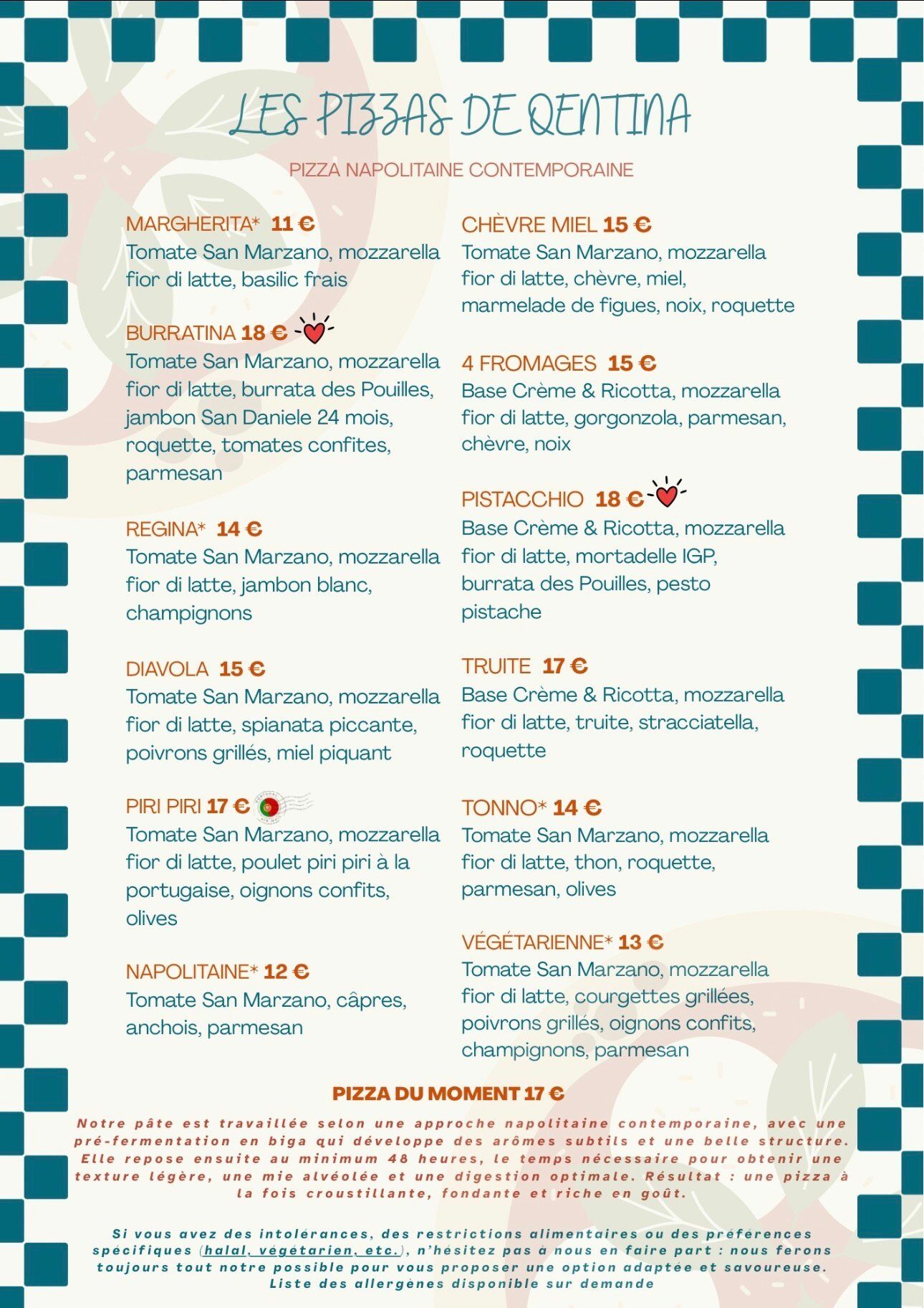 Carte QENTINA — Les pizzas napolitaines